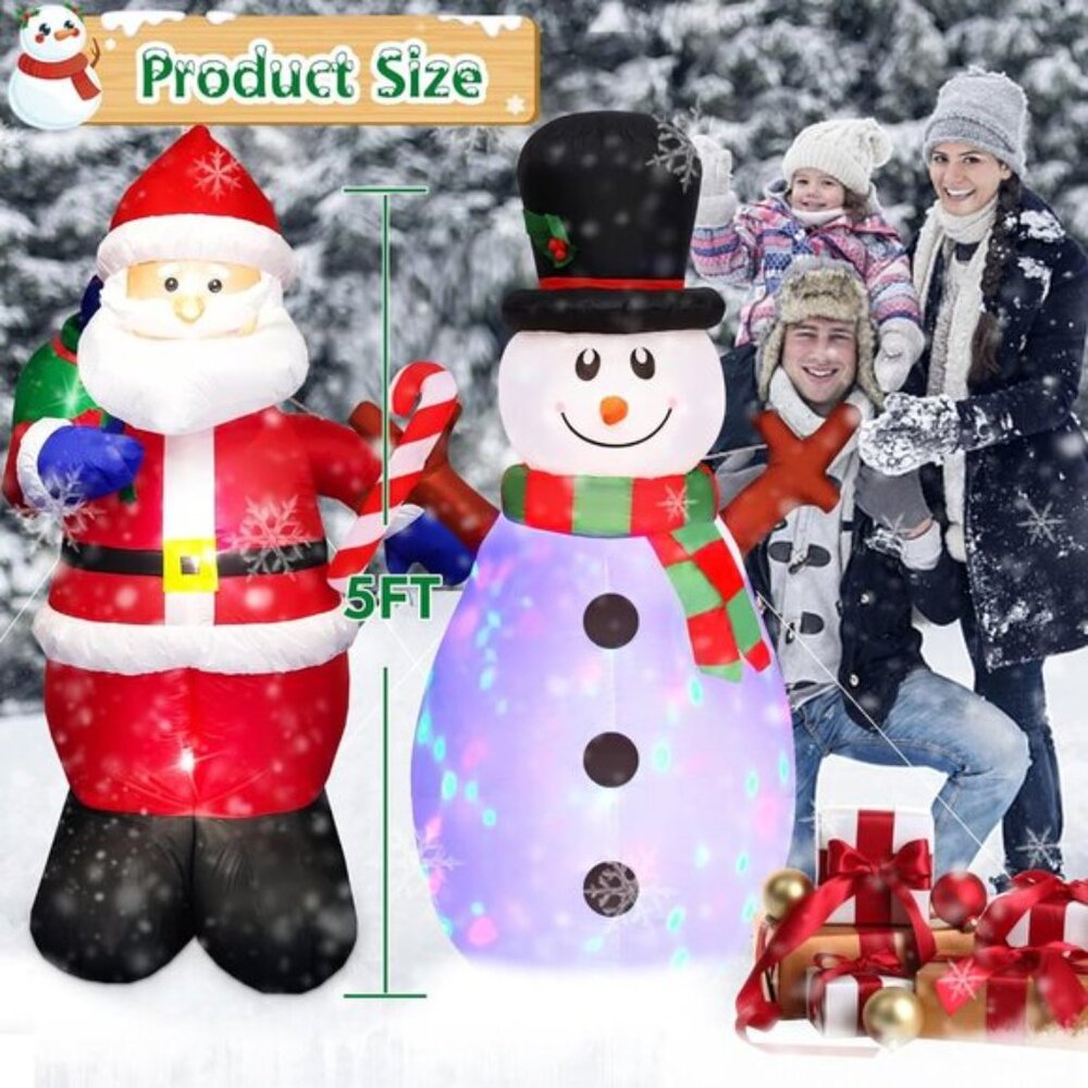 New 5FT Set of 2 Christmas Inflatables Snowman with Rotating LEDs & Santa Claus - Picture 5 of 7